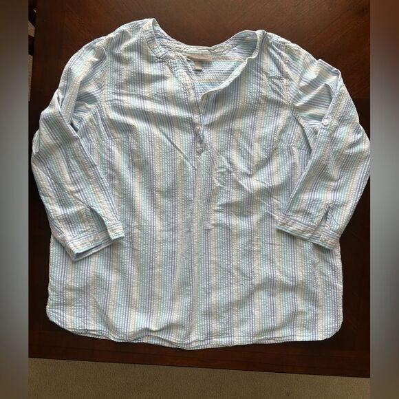 🦠3 For $21🦠Woman Within Blue Striped Blouse - Picture 1 of 7